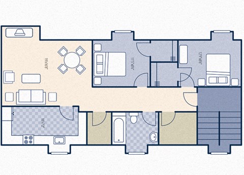 Floor plan for 2 beds, 1 bath, 882 sqft